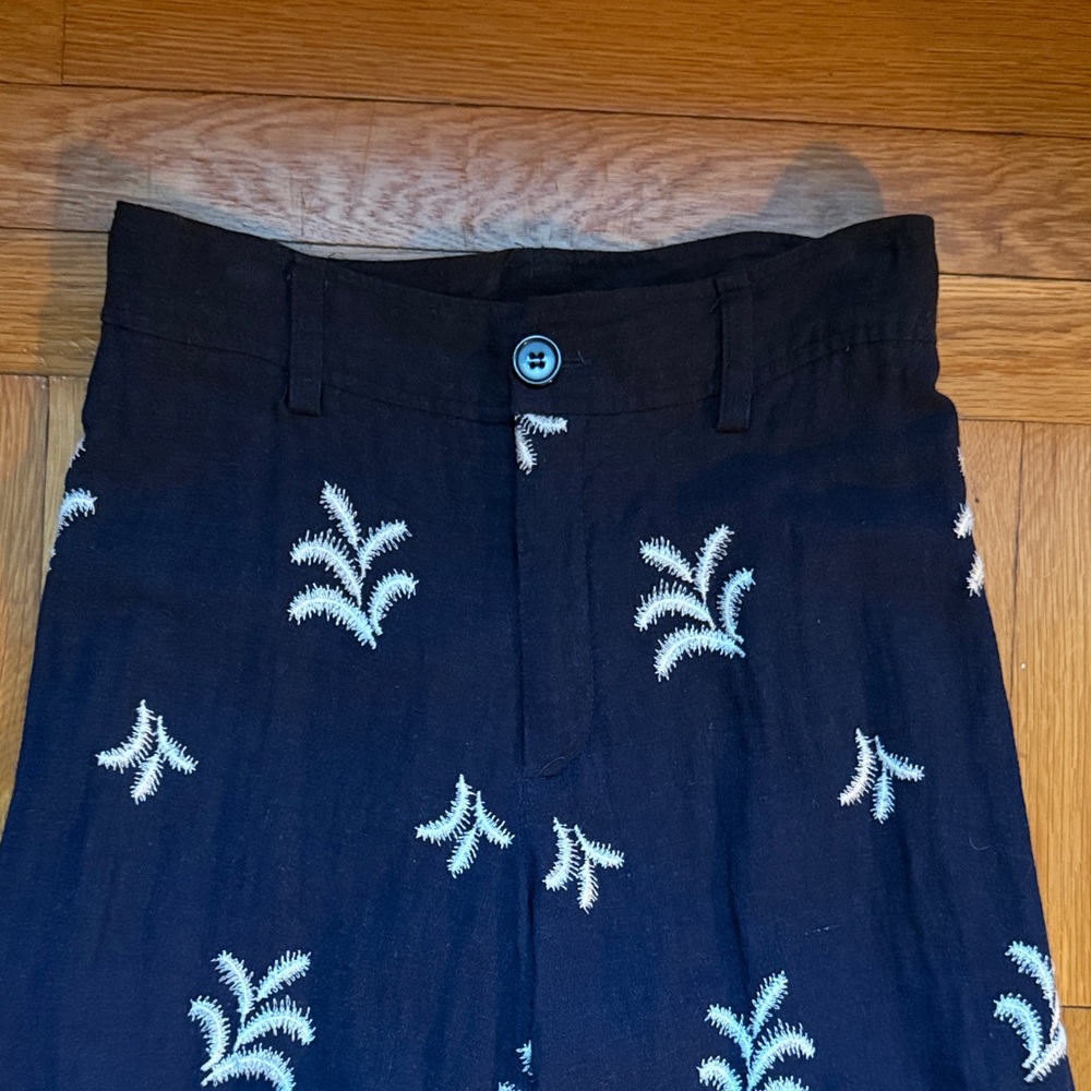 Linen Flare Pants, Embroidered, High-Waisted